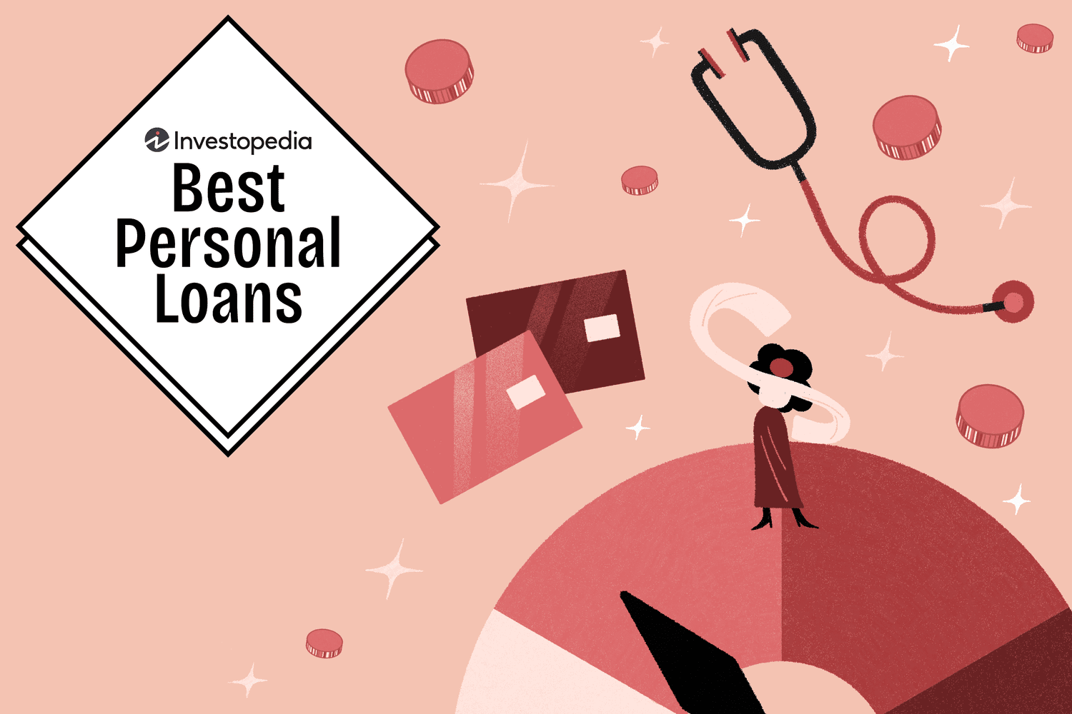 Greatest Private Loans for Dangerous Credit score for April 2025 42 June 14, 2025 10:40 am Greatest Private Loans for Dangerous Credit score for April 2025 The image shows a graphic with the title “Investopedia Best Personal Loans” inside a diamond-shaped white area. Surrounding the diamond are abstract illustrations of coins, credit cards, a stethoscope, and a small person in a red outfit with a large hat. The background is in shades of pink, and the imagery suggests themes of financial health and credit management.