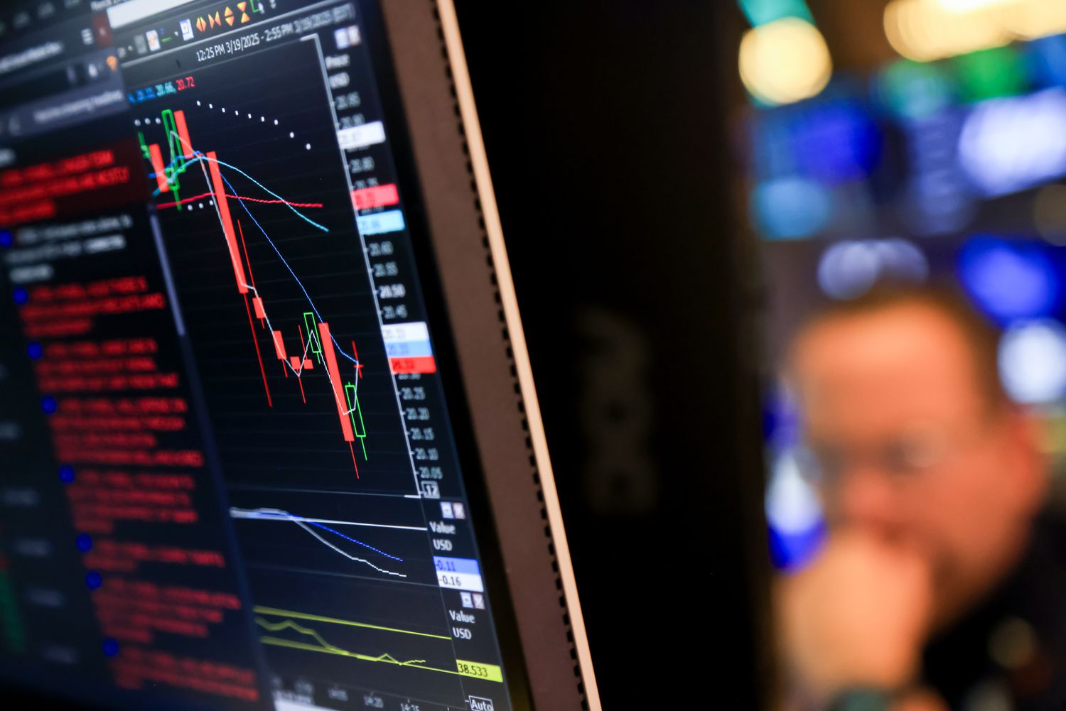 A VIX volatility index chart on the floor of the New York Stock Exchange.